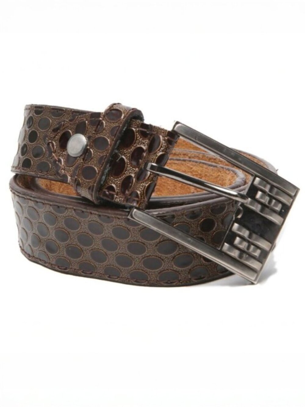 Vintage Western Brown Leather Belt Glossy Dotted Design Silver Buckle Brown